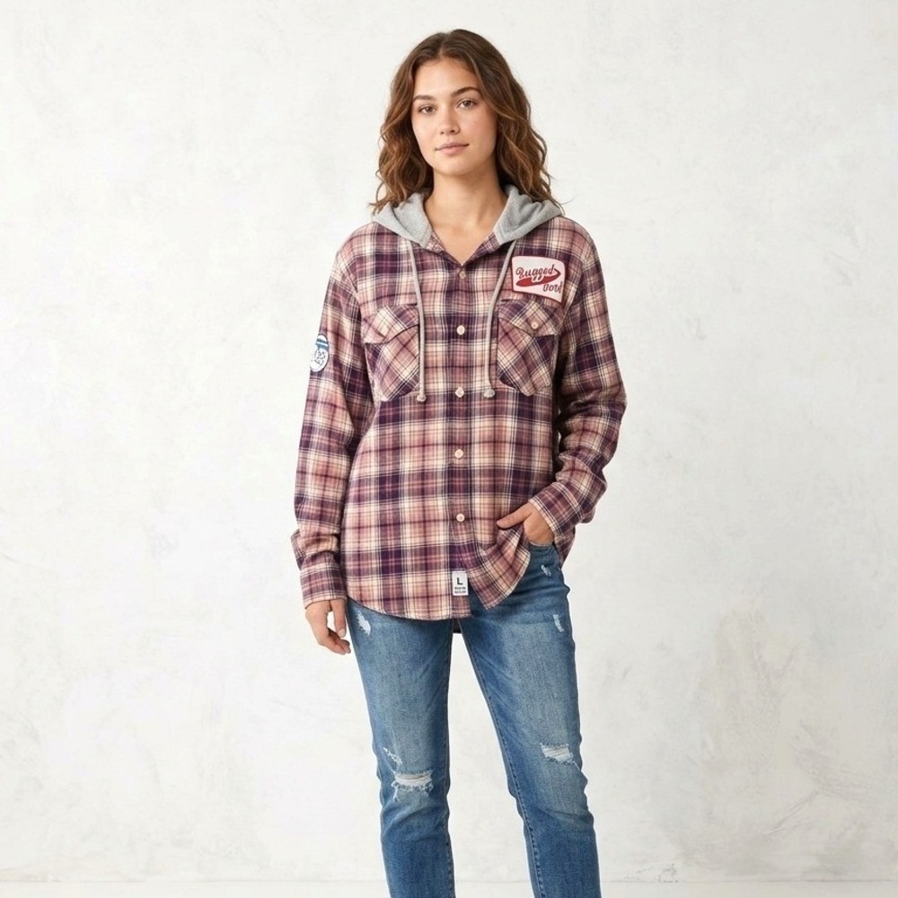 Levi Strauss Hooded Flannel Plaid Jacket‎ Workwear Patch Y2K Grunge Size L